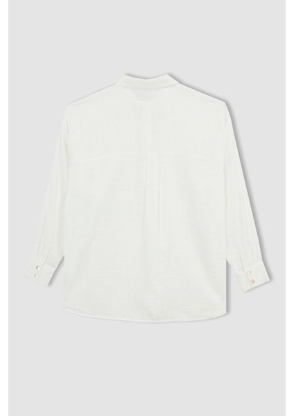 Oversize Fit Keten Görünümlü Uzun Kollu Gömlek X2232AZ23SP
