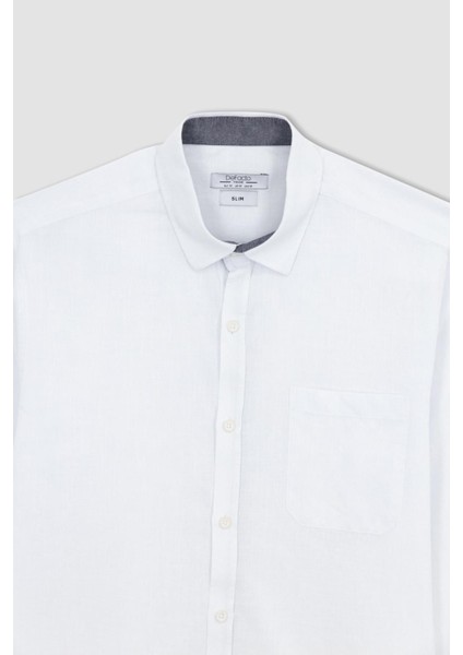 Slim Fit Polo Yaka Keten Görünümlü Uzun Kollu Gömlek N9066AZ23SM