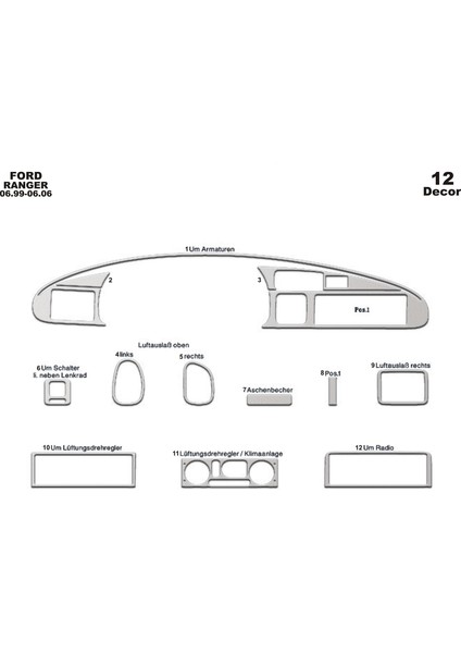 Meriç® Ford Ranger Ön Torpido Kaplama Maun 12 Parça 1999-2006