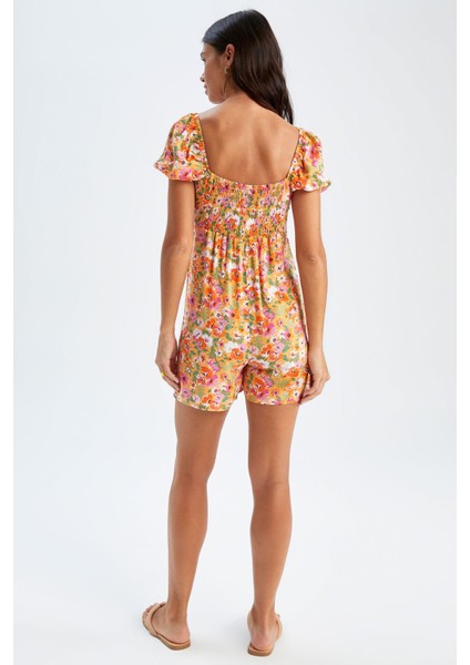 Çiçekli Kalp Yaka Relax Fit Sürdürülebilir Mini TULUM U6852AZ22SM