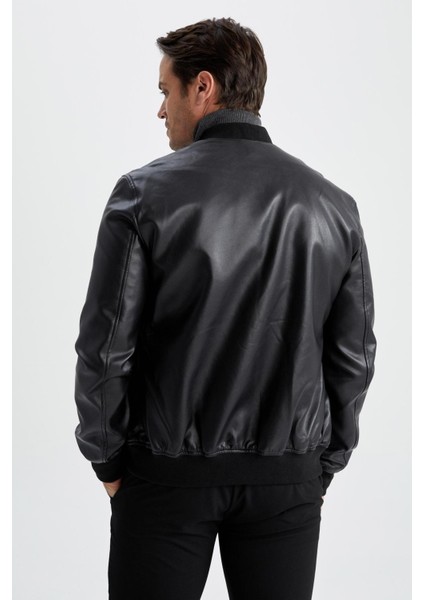 Slim Fit Kolej Yaka Bomber Suni Deri Mont Y5367AZ23SP