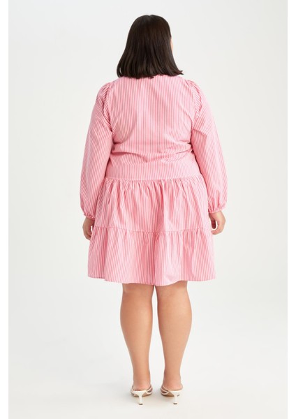 DF Plus A Kesim V Yaka Çizgili Mini Kısa Kollu Elbise Y7999AZ22SM