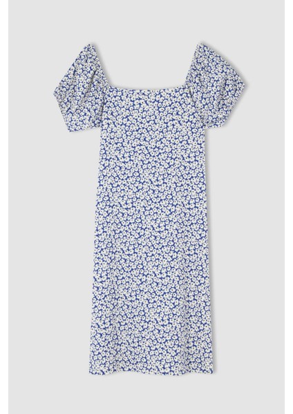 Bodycon Kalp Yaka Floral Mini Kısa Kollu Örme Elbise Y8330AZ22HS