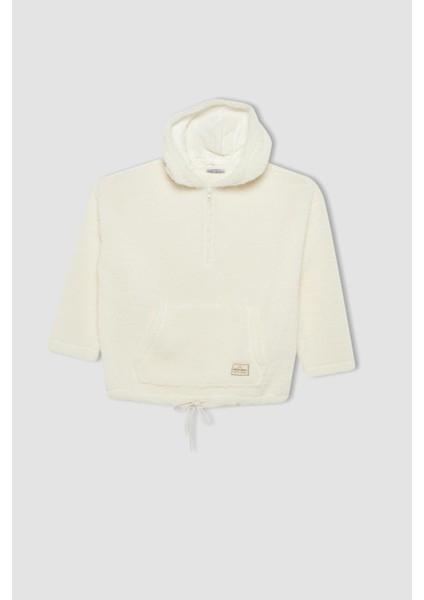 Oversize Fit Kapüşonlu Kanguru Cepli Yarım Fermuarlı Pelüş Sweatshirt Y5394AZ22WN