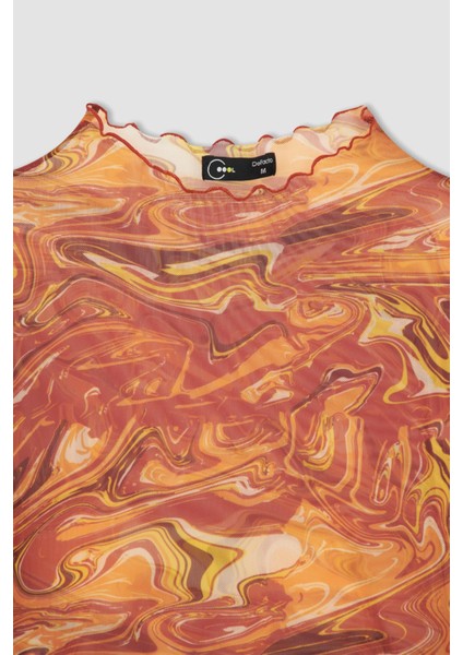 Coool Skinny Fit Desenli Tül Uzun Kollu Crop Tişört X3360AZ22SP