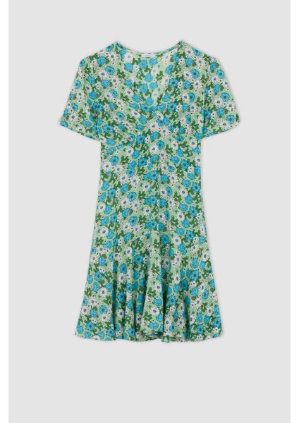 V Yaka Floral Kısa Kollu Mini Elbise Y8414AZ22HS