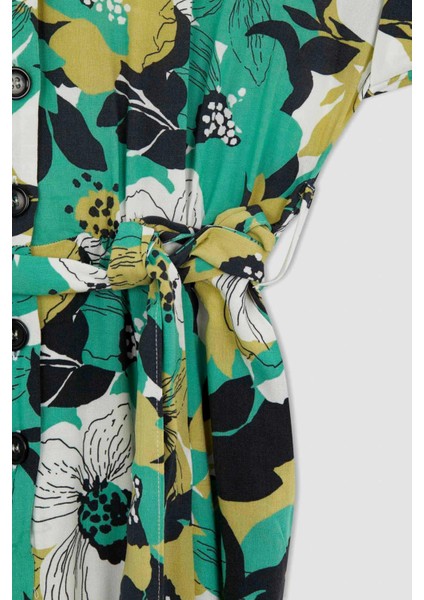 Desenli Gömlek Yaka Kısa Kollu Kuşaklı Midi Tulum U4403AZ22SM