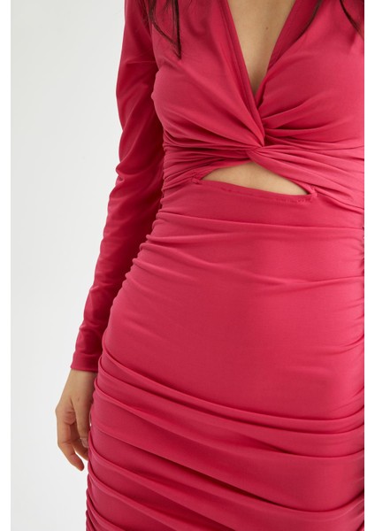 Bodycon V Yaka Kesik Detaylı Uzun Kollu Mini Elbise X2743AZ22SP