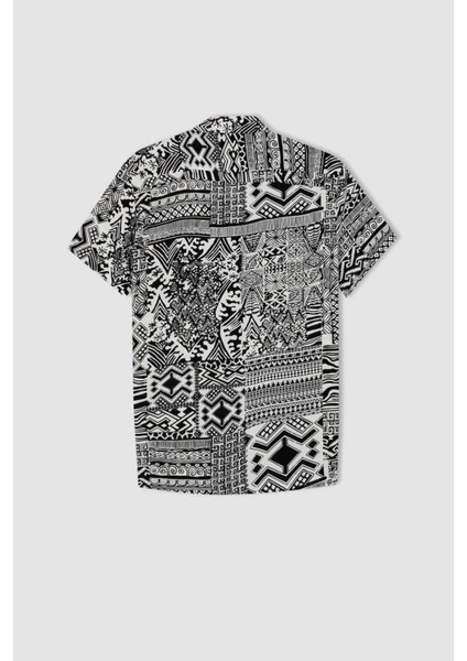 Regular Fit Apaş Yaka Baskılı Viskon Kısa Kollu Pamuklu Gömlek Y8928AZ22HS