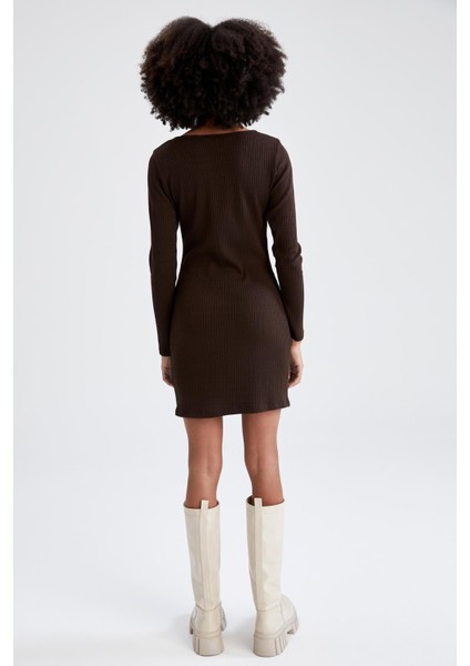 Bodycon Slim Fit Bisiklet Yaka Kesik Detaylı Uzun Kollu Kaşkorse Mini Elbise X3623AZ22SP