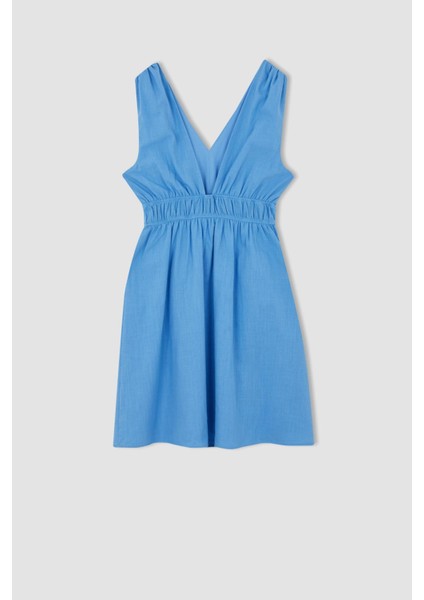 A Kesim V Yaka Keten Görünümlü Mini Kalın Askılı Elbise Y7685AZ22HS