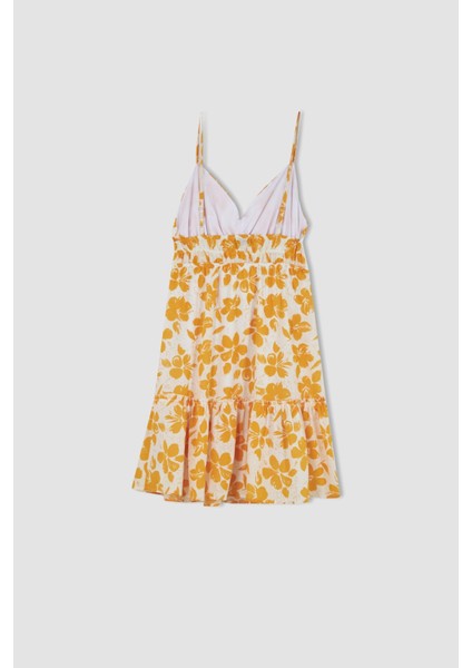 A Kesim V Yaka Askılı Floral Keten Görünümlü Mini Elbise Y8128AZ22HS