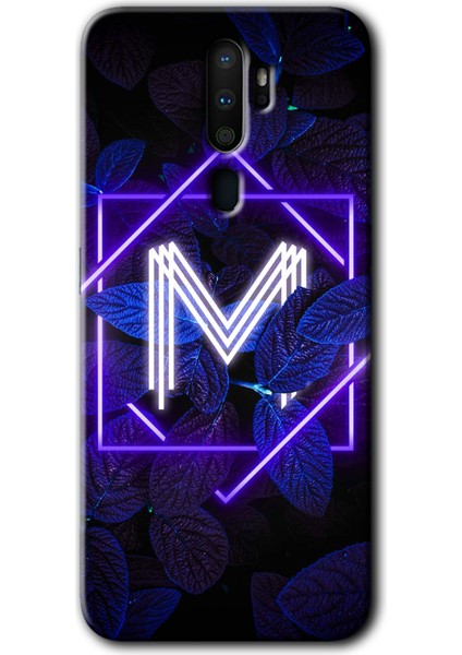 Oppo A5 2020 Kılıf Hd Desen Baskılı Arka Kapak - Dark Neon Yaprak M Harfi