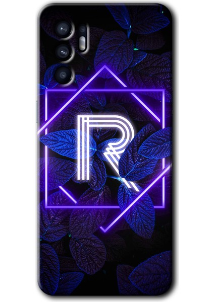 Oppo Reno 6 Kılıf Hd Desen Baskılı Arka Kapak - Dark Neon Yaprak R Harfi