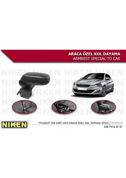 Peugeot 308 2007-2013 Kolçak Araca Özel Kol Dayama Siyah