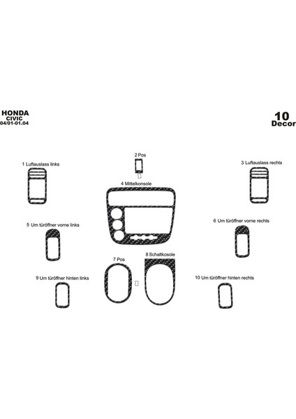 Meriç® Honda Civic Ön Torpido Kaplama Maun 10 Parça 2001-2006