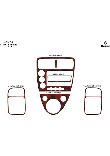 Meriç® Honda Civic Type R Ön Torpido Kaplama Maun 6 Parça 2001-2006