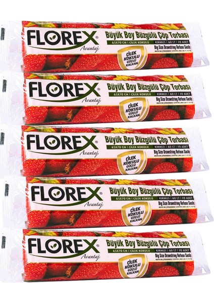 60 Litre Büzgülü Çilek Kokulu Çöp Torbası Poşeti / 65 x 70 Cm. - 10X5 Rulo / Paket