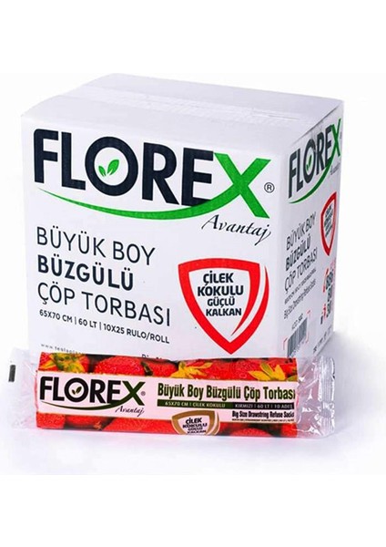 60 Litre Büzgülü Çilek Kokulu Çöp Torbası Poşeti / 65 x 70 Cm. - 10X5 Rulo / Paket