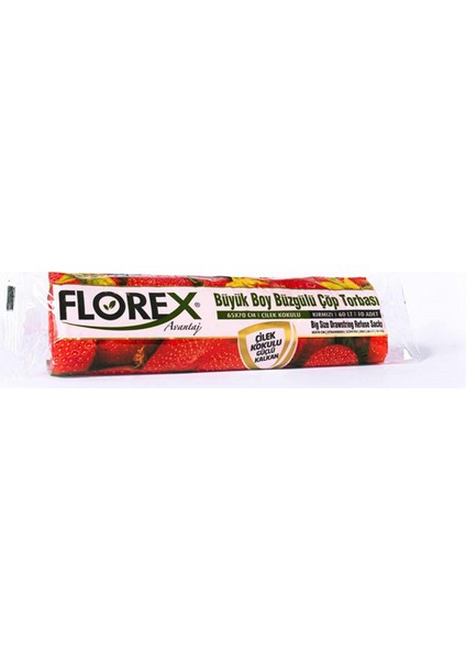 60 Litre Büzgülü Çilek Kokulu Çöp Torbası Poşeti / 65 x 70 Cm. - 10X5 Rulo / Paket