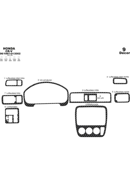Meriç® Honda Cr-V 4x4 Ön Torpido Kaplama Maun 9 Parça 1997-2002