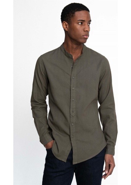 Slim Fit Dar Kalıp Uzun Kol Hakim Yaka Pamuklu Keten Efekt Gömlek10