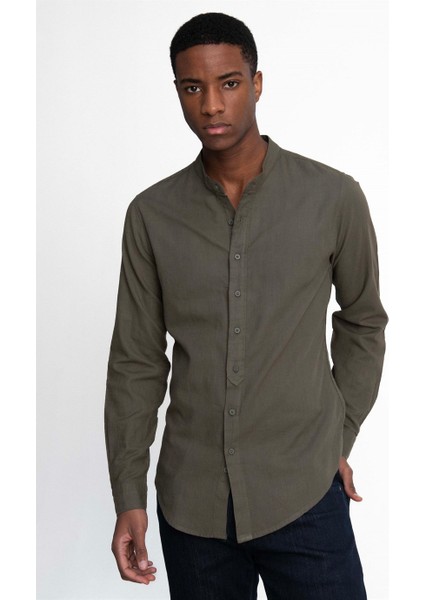 Slim Fit Dar Kalıp Uzun Kol Hakim Yaka Pamuklu Keten Efekt Gömlek10 fiyatları
