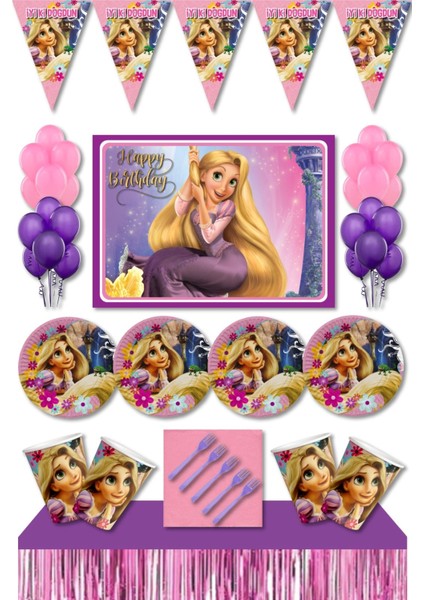Rapunzel 16 Kişilik Afişli Masa Etekli Doğum Günü Süsleri Parti Seti Ekonomik Seti