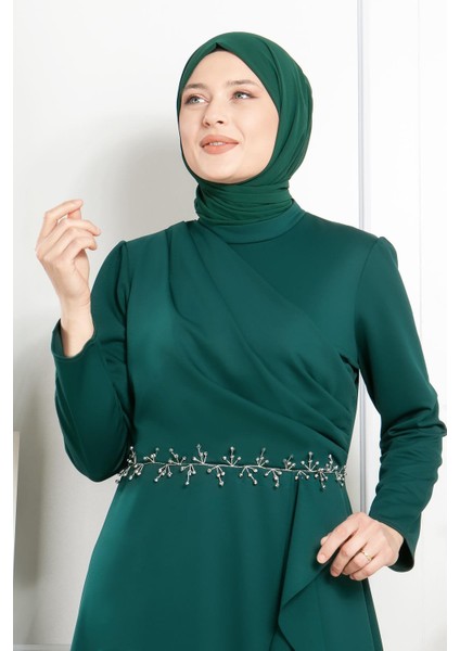 Fırfırlı Taş Işleme Detaylı Elbise Zümrüt FHM874