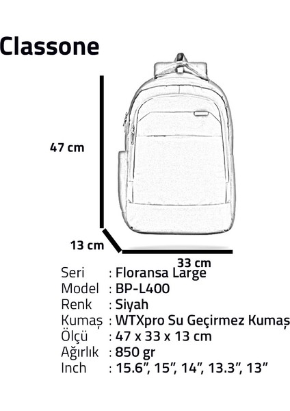 BP-L400 15,6" Floransa Serisi Wtx Pro Su Geçirmez Kumaş, Notebook,laptop Sırt Çntası-Siyah