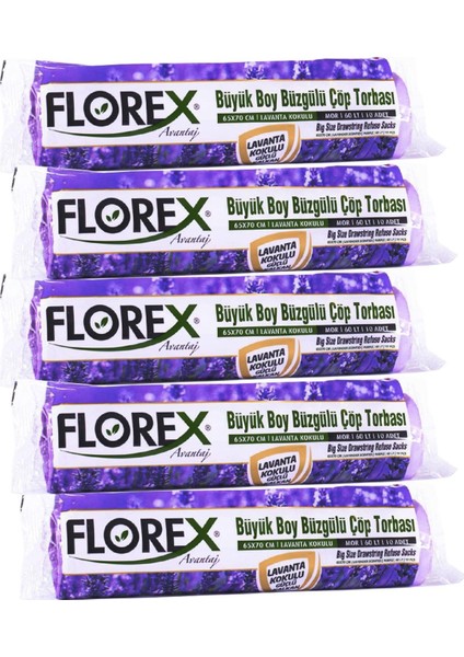 60 Litre Büzgülü Lavanta Kokulu Çöp Torbası Poşeti / 65 x 70 Cm. - 10X5 Rulo / Paket