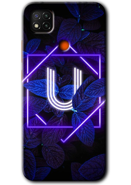 Xiaomi Redmi 9c Kılıf Hd Desen Baskılı Arka Kapak - Dark Neon Yaprak U Harfi