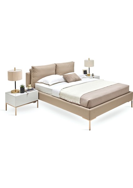 Legato Çift Kişilik Başlıklı Karyola 2'li Set,suni Deri - Krem modelleri