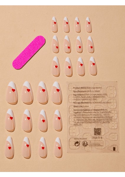 TipsArt Beyaz Kırmızı Kalpli 24’lü Takma Tırnak Seti & Zararsız Yapıştırıcı fiyatları