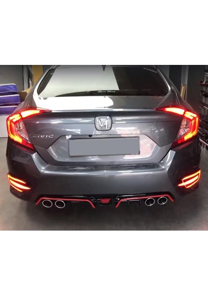 Honda Civic Fc5 4 Egzoz Kırmızı Şeritli Difüzör