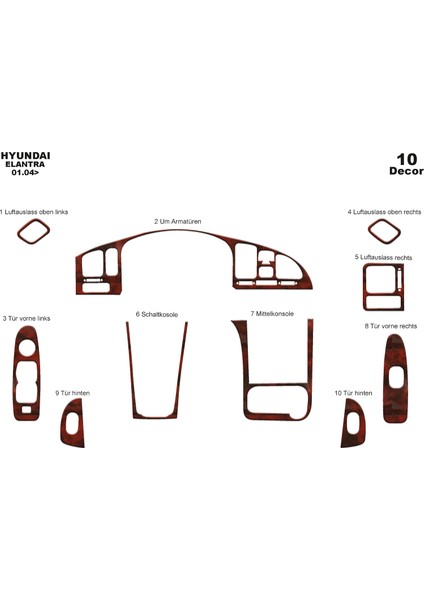 Meriç® Hyundai Elantra Ön Torpido Kaplama Maun 10 Parça 2004-2007