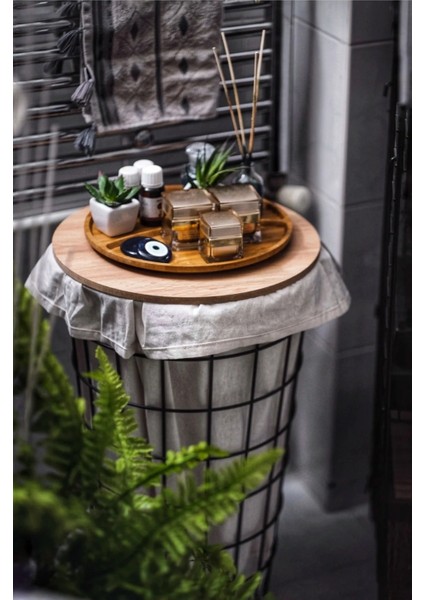 Dekoratif Çok Amaçlı Portatif Sehpa Tel Çamaşır Sepeti Kumaşlı Metal Kirli Sepeti ve Saklama Kutusu