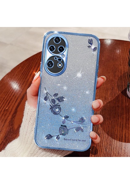 Huawei P50 Pro 4g Için Gradyan Renkli Glitter Tozu Telefon Kılıfı, Rhinestone Çiçek Deseni Tpu Kılıfı (Yurt Dışından)