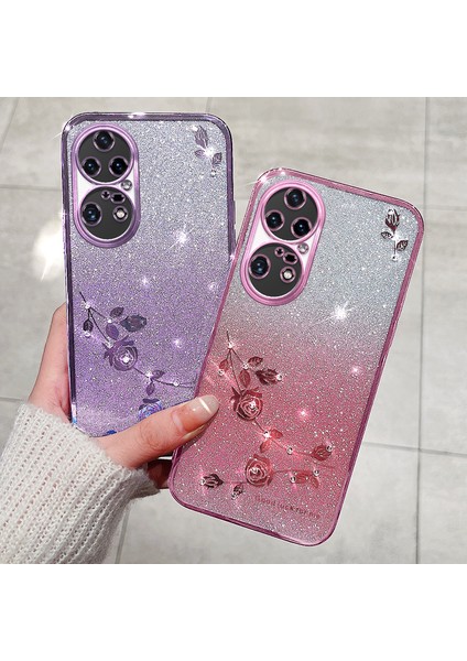 Huawei P50 Pro 4g Için Gradyan Renkli Glitter Tozu Telefon Kılıfı, Rhinestone Çiçek Deseni Tpu Kılıfı (Yurt Dışından)