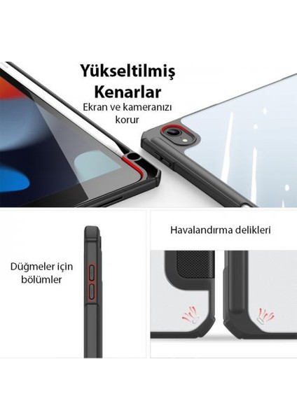 Manyetik Kapaklı Kalem Yerli Standlı iPad 10.2 2022 Kılıf Şeffaf Arka Kapaklı iPad 10.2 Tablet Kılıf