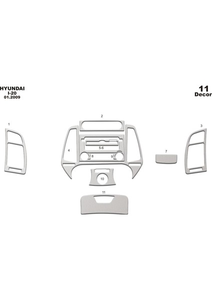 Meriç® Hyundai I20 Ön Torpido Kaplama Maun 11 Parça 2009-2012