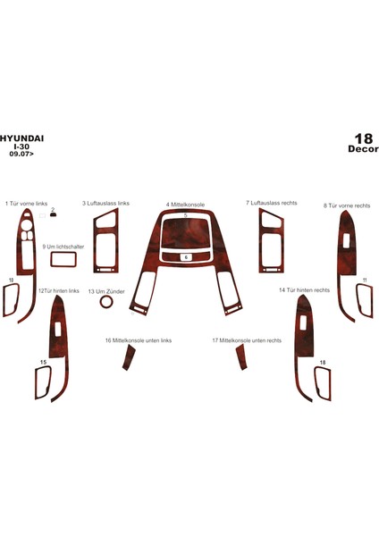 Meriç® Hyundai I30 Ön Torpido Kaplama Maun 18 Parça 2007-2012