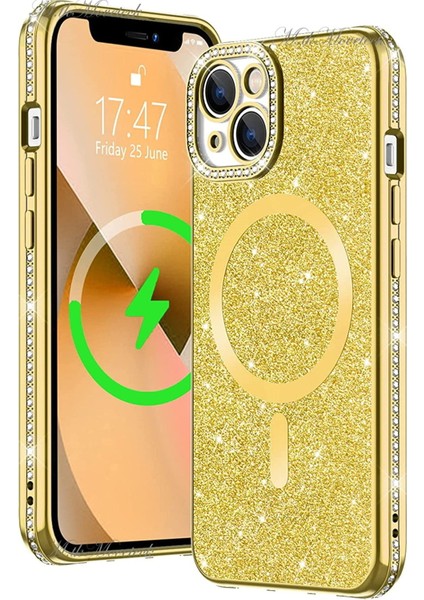 Apple iPhone 14 Için Kamera Korumalı Swarovski Özel Taşlı Kılıf Gösterişli Manyetik Magsafe Destekli Simli Iç Dokusu Parlak
