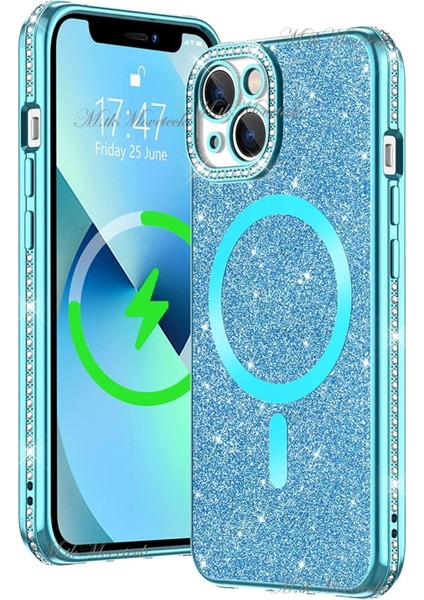Apple iPhone 14 Için Kamera Korumalı Swarovski Özel Taşlı Kılıf Gösterişli Manyetik Magsafe Destekli Simli Iç Dokusu Parlak