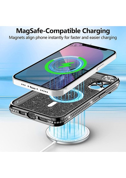 Apple iPhone 14 Için Kamera Korumalı Swarovski Özel Taşlı Kılıf Gösterişli Manyetik Magsafe Destekli Simli Iç Dokusu Parlak fiyatları