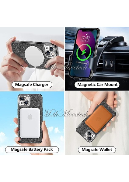 Apple iPhone 14 Için Kamera Korumalı Swarovski Özel Taşlı Kılıf Gösterişli Manyetik Magsafe Destekli Simli Iç Dokusu Parlak indirimleri