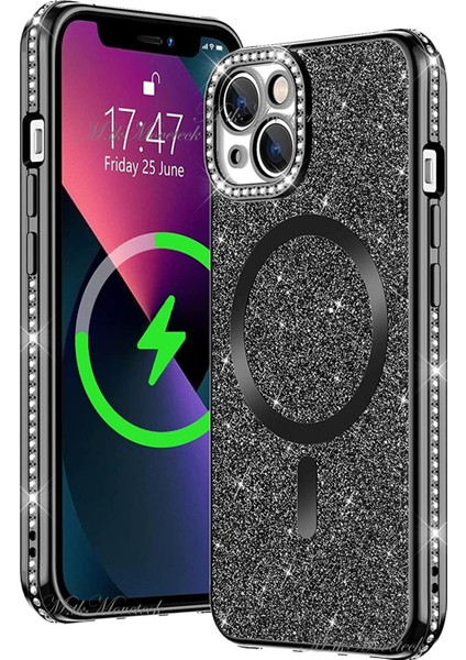 Apple iPhone 14 Için Kamera Korumalı Swarovski Özel Taşlı Kılıf Gösterişli Manyetik Magsafe Destekli Simli Iç Dokusu Parlak