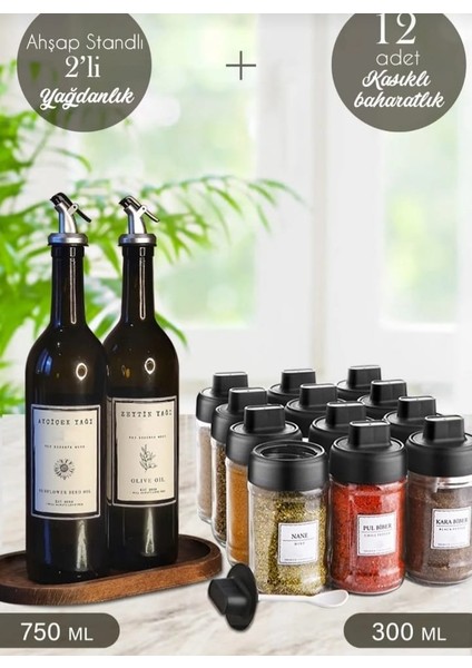 2 Li Takım 300 ml Cam Kendinden Kaşıklı 12ADET Baharatlık 2 Adet Stantlı 750 ml Cam Yağdanlık Şişesi