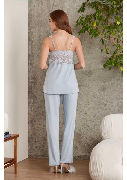 2810 Kadın Mist Dantelli Penye Sabahlıklı Pijama Takımı modelleri