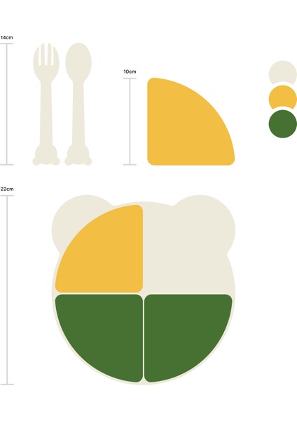 Buddy Mama Tabağı Seti, 1 Ayıcık Tabak + 4 Kase + Çatal-Kaşık, Bebek ve Çocuklar İçin Yemek Takımı, BPA İçermez (Bej Sarı Yeşil)